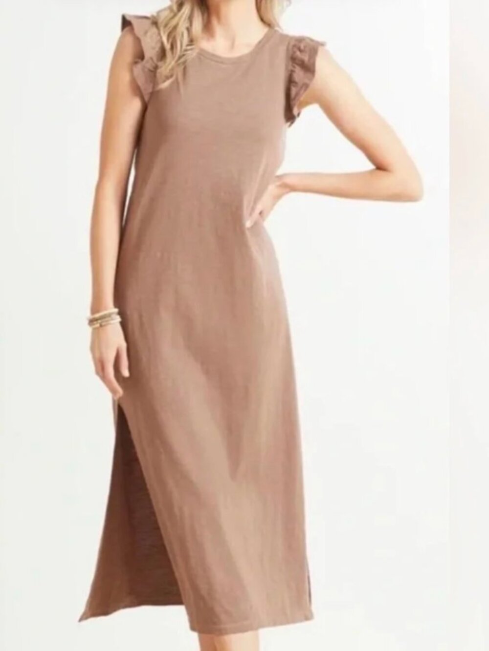 Z Supply | Blakely 100% Cotton Ruffle Midi Dress w/ Slit Mocha | Size Small
